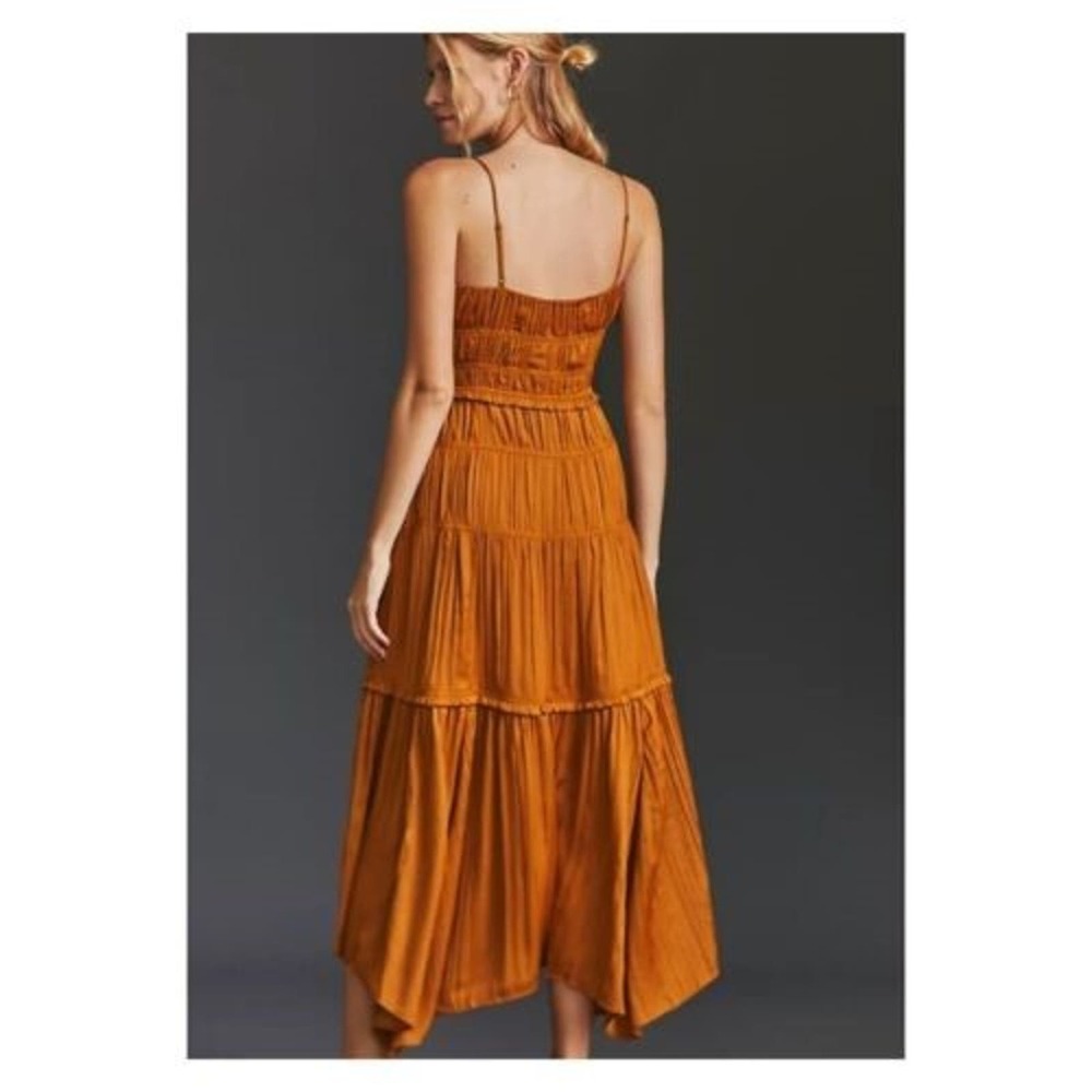 Anthropologie Women’s Sz 12 Ruched Tiered Midi Pleated Satin Slip Dress Gold NEW - Picture 3 of 12